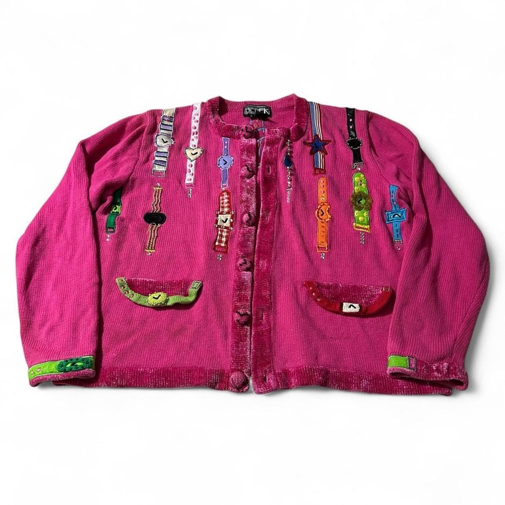 berek Bright Pink Embellished Women's Sweater with Multicolor Appliques